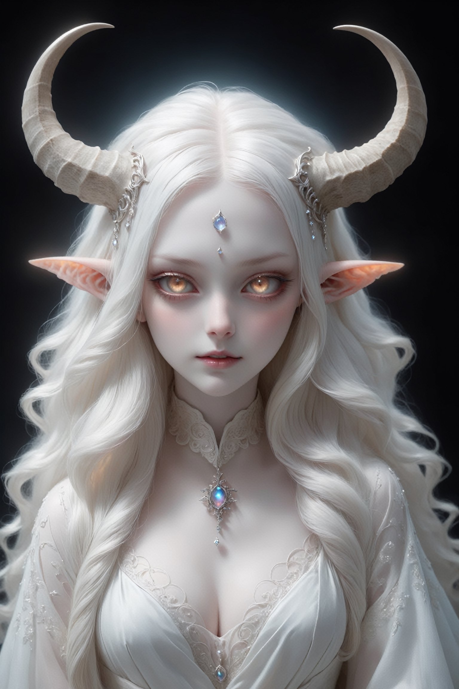 ((full_body)), (long intricate horns:1.2), sensual albino demon girl with enchantingly beautiful, alabaster skin, {{{naked breasts}}}, thinking, thoughtful, A benevolent smile, girl has beautiful deep eyes, soft expression, Depth and Dimension in the Pupils, Her porcelain-like white skin reflects an almost celestial glow, highlighting her ethereal nature, bright sunglight background, backlight, ornate jewels, the scene is Illuminated with soft enchanting light to accentuate the magical and mysterious atmosphere, goth person, realistic, Wonder of Art and Beauty, ghost person,ghost person,F41Arm0rXL ,DonMM4g1cXL ,glitter,shiny