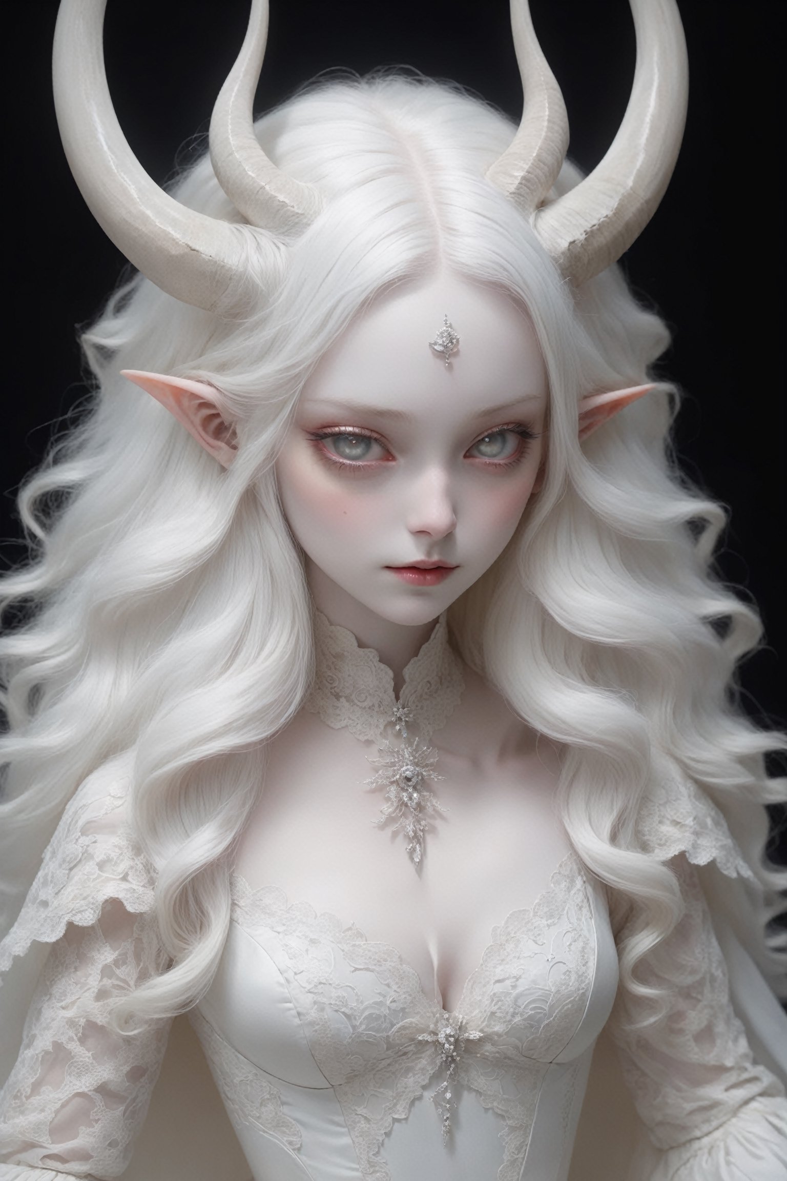 (full body),(long intricate horns:1.2), albino demon girl with enchantingly beautiful, alabaster skin, thinking
A benevolent smile, girl has Beautiful deep black eyes, soft expression, Depth and Dimension in the Pupils,
Her porcelain-like white skin reflects an almost celestial glow, highlighting her ethereal nature, Every detail of her divine lace costume is meticulously crafted, adorned with jewels that sparkle with a divine radiance,

Capture the subtle intricacies of the lacework, emphasizing the delicate patterns that complement her unearthly features. From the curve of her horns to the flowing elegance of her dress, every aspect contributes to an aura of supernatural allure. The jewels, carefully placed, create a mesmerizing dance of light that enhances her divine presence,

Consider the composition to portray her in a setting that complements her celestial beauty, whether it's a moonlit garden or a mystical realm, Illuminate the scene with soft, enchanting light to accentuate the magical and mysterious atmosphere,The overall goal is to evoke a sense of wonder and captivation, celebrating the unique and transcendent beauty of this albino demon girl,
,goth person,realistic,Wonder of Art and Beauty,ghost person