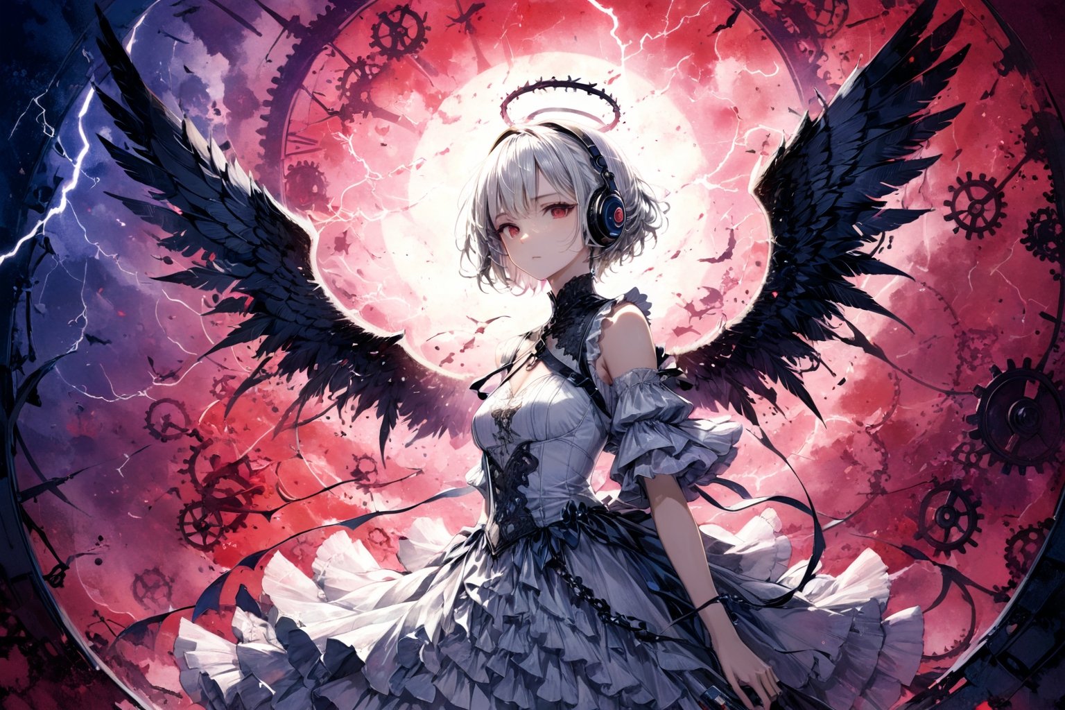 Official Art, Unity 8K Wallpaper, Extreme Detailed, Beautiful and Aesthetic, Masterpiece, Top Quality, perfect anatomy, 

1girl, solo, looking at viewer, short hair, red eyes, long sleeves, dress, white hair, frills, wings, white dress, from side, headphones, halo, black wings, angel, gears, magenta theme, night, lightning, thunder, bats, 

a beautifully drawn (((ink illustration))) depicting, vintage, INDIGO and YELLOW accents, watercolor painting, concept art, (best illustration), (best shadow), Analog Color Theme, vivid colours, contrast, smooth, sharp focus, scenery, 

(Pencil_Sketch:1.2,masterpiece, midjourney, best quality, incredibly absurdres, messy lines,high detail eyes,More Detail,perfect light,portrait, ,more detail XL