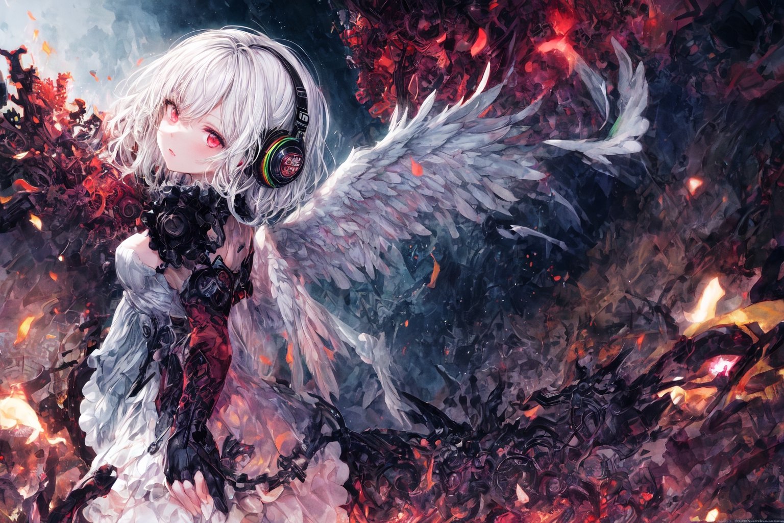 Official Art, Unity 8K Wallpaper, Extreme Detailed, Beautiful and Aesthetic, Masterpiece, Top Quality, perfect anatomy, 

1girl, solo, looking at viewer, short hair, red eyes, long sleeves, dress, white hair, frills, wings, white dress, from side, headphones, halo, black wings, angel, gears, magenta theme, night, lightning, thunder, bats, 

a beautifully drawn (((ink illustration))) depicting, vintage, INDIGO and YELLOW accents, watercolor painting, concept art, (best illustration), (best shadow), Analog Color Theme, vivid colours, contrast, smooth, sharp focus, scenery, 

(Pencil_Sketch:1.2,masterpiece, midjourney, best quality, incredibly absurdres, messy lines,high detail eyes,More Detail,perfect light,portrait, 