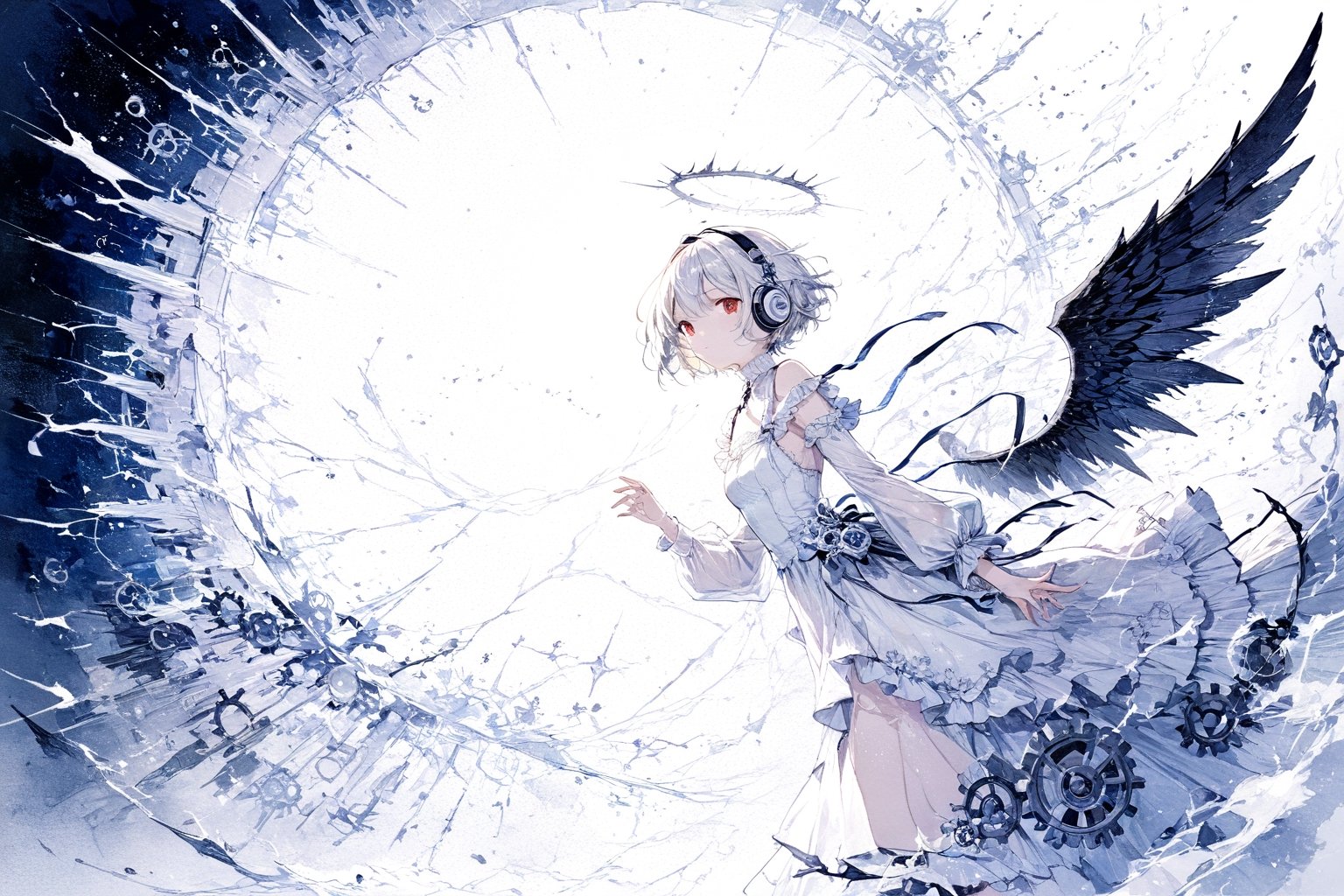 Official Art, Unity 8K Wallpaper, Extreme Detailed, Beautiful and Aesthetic, Masterpiece, Top Quality, perfect anatomy, 

1girl, solo, looking at viewer, short hair, red eyes, long sleeves, dress, white hair, frills, wings, white dress, from side, headphones, halo, black wings, angel, gears, magenta theme, night, lightning, thunder, bats, 

a beautifully drawn (((ink illustration))) depicting, vintage, INDIGO and YELLOW accents, watercolor painting, concept art, (best illustration), (best shadow), Analog Color Theme, vivid colours, contrast, smooth, sharp focus, scenery, 

(Pencil_Sketch:1.2,masterpiece, midjourney, best quality, incredibly absurdres, messy lines,high detail eyes,More Detail,perfect light,portrait, ,more detail XL, 