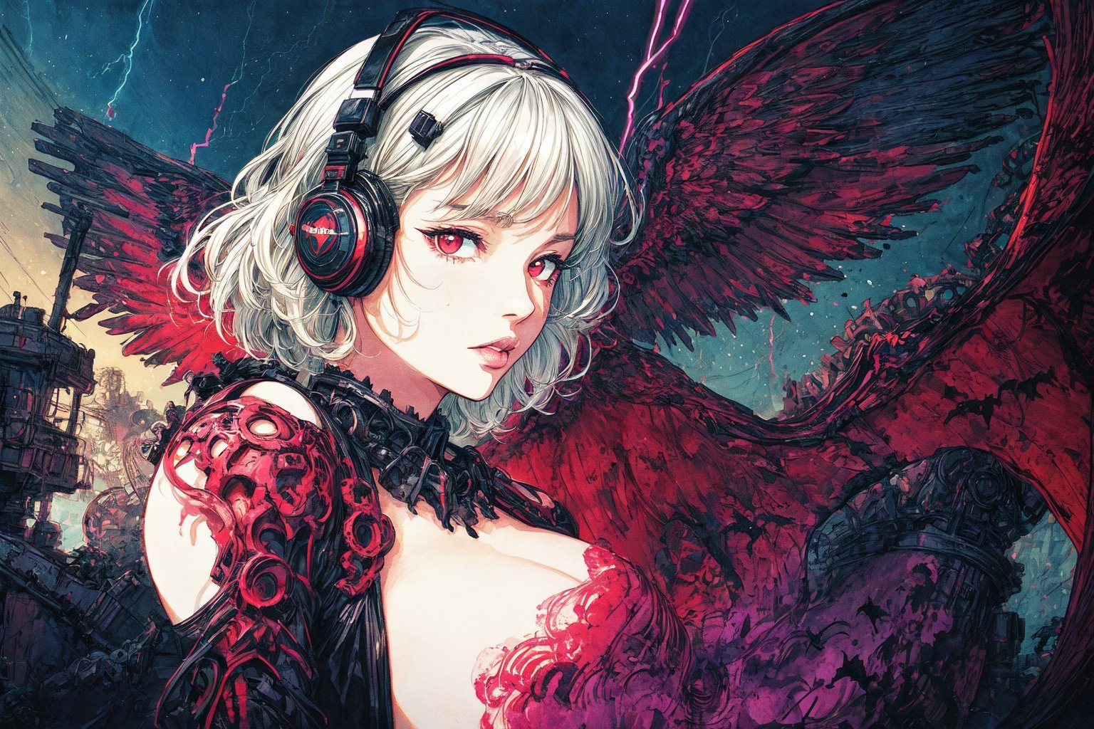 Official Art, Unity 8K Wallpaper, Extreme Detailed, Beautiful and Aesthetic, Masterpiece, Top Quality, perfect anatomy, 

1girl, solo, looking at viewer, short hair, red eyes, long sleeves, dress, white hair, frills, wings, white dress, from side, headphones, halo, black wings, angel, gears, magenta theme, night, lightning, thunder, bats, 

a beautifully drawn (((ink illustration))) depicting, vintage, INDIGO and YELLOW accents, watercolor painting, concept art, (best illustration), (best shadow), Analog Color Theme, vivid colours, contrast, smooth, sharp focus, scenery, 

(Pencil_Sketch:1.2,masterpiece, midjourney, best quality, incredibly absurdres, messy lines,high detail eyes,More Detail,perfect light,portrait, 