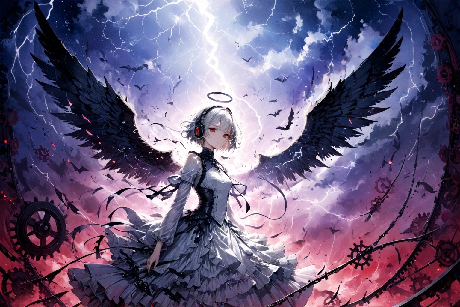 Official Art, Unity 8K Wallpaper, Extreme Detailed, Beautiful and Aesthetic, Masterpiece, Top Quality, perfect anatomy, 

1girl, solo, looking at viewer, short hair, red eyes, long sleeves, dress, white hair, frills, wings, white dress, from side, headphones, halo, black wings, angel, gears, magenta theme, night, lightning, thunder, bats, 

a beautifully drawn (((ink illustration))) depicting, vintage, INDIGO and YELLOW accents, watercolor painting, concept art, (best illustration), (best shadow), Analog Color Theme, vivid colours, contrast, smooth, sharp focus, scenery, 

(Pencil_Sketch:1.2,masterpiece, midjourney, best quality, incredibly absurdres, messy lines,high detail eyes,More Detail,perfect light,portrait, ,more detail XL