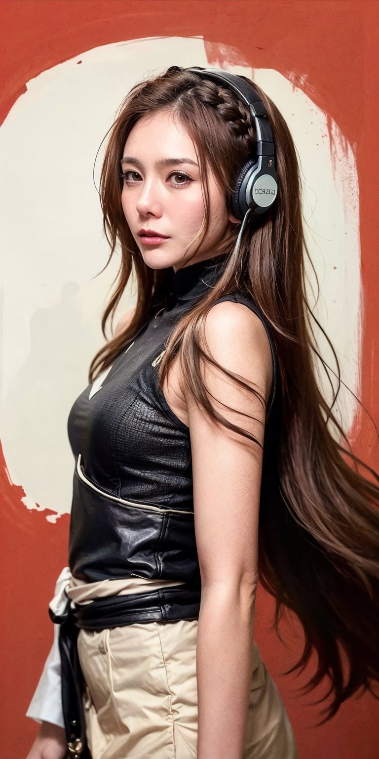 1girl, solo, long hair, looking at viewer, bangs, short golden hair, hair ornament, closed mouth, upper body, hair flower, sexy hiphop clothes, red background, black eyes, lips, sash, realistic, wearing headphones,s4str0,chines,Fuj1,sks woman,Elizabeth olsen ,blackwidow,wul4n