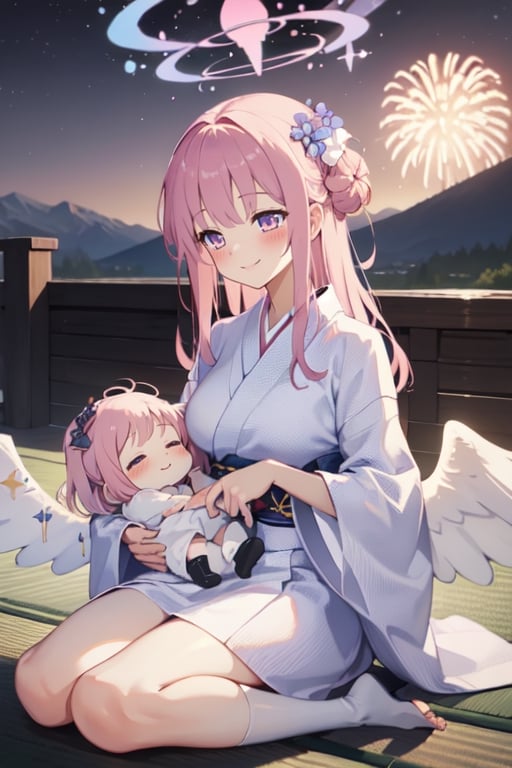 HD, 4K, 2D, highres,full_body, fully_clothed, full-body_portrait,(small_breasts:1.2),1girl, female, solo, perfect anatomy, BFMother, person holding baby, person and baby motherly, mountainview, fireworks ,perfect_body, infant, (AddNet Weight 1:1.0) , happiness!, sleeping_baby,(pregnancy:0.2), hair_accessories, hair_ornament ,smile, blush, hair,  eyes, halo, solo, eyes, avarage breasts,white yukata,pink inner yukata, pink obi,aamika, long hair, hair flower,angel wings