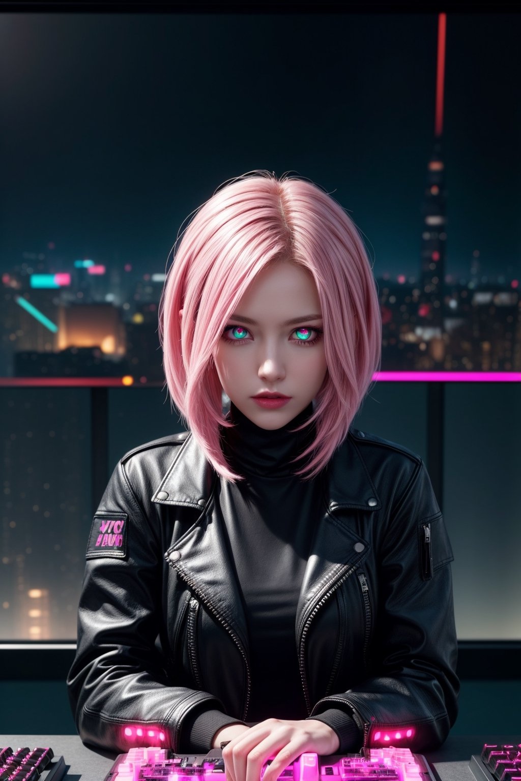 (masterpiece, high resolution, CGI, official art:1.2), (skilled female hacker:1.3) with (short, spiky neon pink hair:1.1) and (glowing blue cybernetic eye implants:1.2), wearing a (black leather jacket:1.2) with (intricate neon circuitry patterns:1.1), holding a (customized cyberdeck:1.4), intense atmosphere, focused emotion, futuristic tone, high intensity, inspired by sci-fi and cyberpunk, dark aesthetic, neon color palette with (vibrant pink accents:1.1), dynamic mood, dramatic spotlighting, diagonal shot, looking directly at the viewer with a sense of determination, surrounded by (hacking screens:1.2) and (cityscape backgrounds:1.1), focal point on the hacker's face, highly realistic metal texture, atmospheric smoke effect, high image complexity, detailed environment, subtle movement of the hacker's fingers, energetic pose.