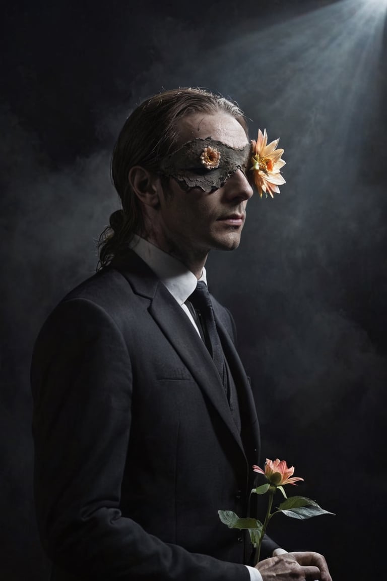 A potrait man with raflessia arnoldi flower head, black suit, on dark background, decay process, fog, scifi horror film, Dreamy Surreal, scp087, film, sunlight, detailed textures, highly realistic 66mm film analog photography, night, grainy, color, highly detailed and intricate, exquisite detail, epic, dramatic, cinematic lighting, high contrast, photo realistic, haze film grain effect, stylish makeup, horror scene, side_view,blacklight makeup,Flower Blindfold