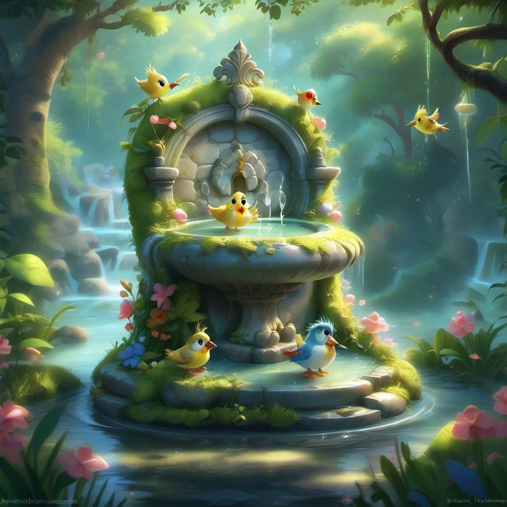 we see the DETAILED enchanted little garden, populous DETAILED ENCHANTED garden life, little mossy drinking fountain with fluffy tiny LOVELY BIRDS bathe on it with floating waterdrops around. Modifiers: Unreal Engine, magical, Pino Daeni, midjourney, Astounding, outstanding, otherwordliness, cute illustration, cuteaesthetic, Boris Vallejo style, highly intricate, whimsical, 4K 3D, stunning color depth, cute illustration, WHIMSICAL