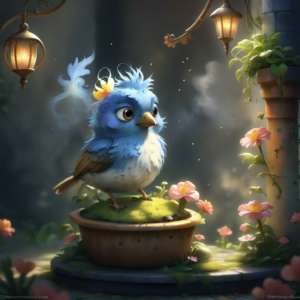 we see the DETAILED enchanted little lovely garden, DETAILED ENCHANTED fluffy tiny FUNNY BIRD standing on the wall lamp next to the flowerpot, airborne dust particles around. Modifiers: Unreal Engine, magical, Pino Daeni, midjourney, Astounding, outstanding, otherwordliness, cute illustration, cuteaesthetic, Boris Vallejo style, highly intricate, whimsical, 4K 3D, stunning color depth, cute illustration, Jean-Baptiste Monge CUTE paint style