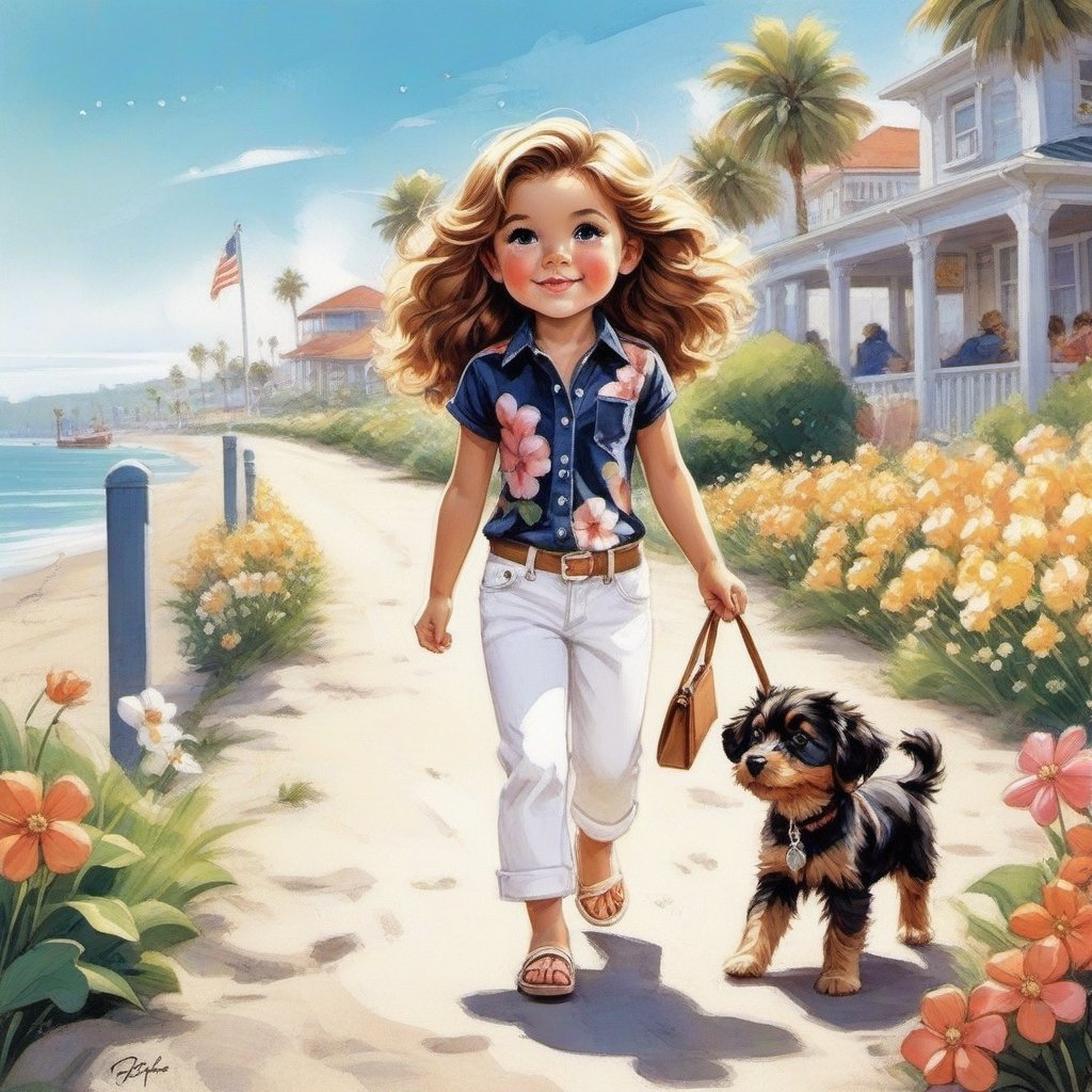 a long haired LITTLE girl in loose fitting white jeans and loose fitting long floral polo walking in the spring time beach street with a cute puppy. Modifiers: Bob peak, Coby Whitmore ART style, fashion magazine illustration
