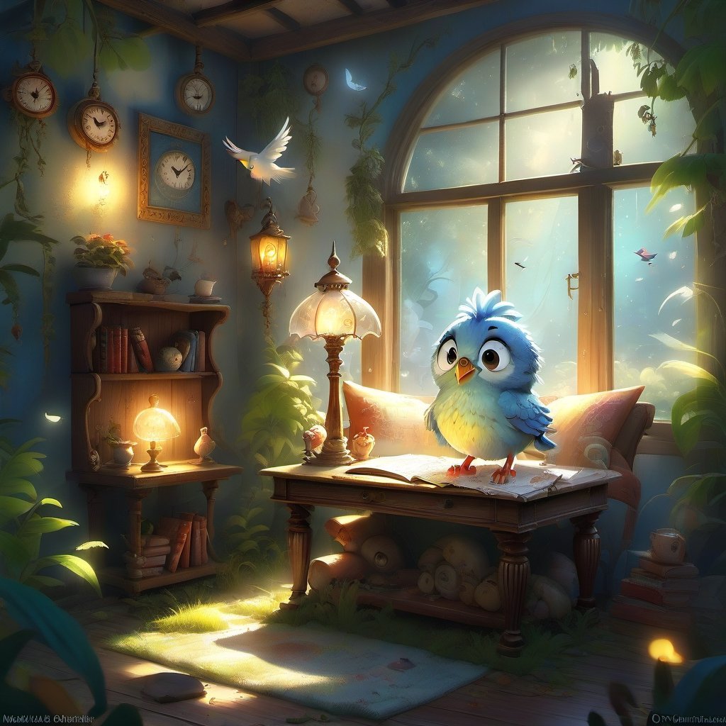we see the DETAILED enchanted little lovely living room, DETAILED ENCHANTED little desk with a reading lamp, fluffy tiny FUNNY BIRD sits on the reading lamp near the window,  airborne dust particles around. Modifiers: Unreal Engine, magical, Pino Daeni, midjourney, Astounding, outstanding, otherwordliness, cute illustration, cuteaesthetic, Boris Vallejo style, highly intricate, whimsical, 4K 3D, stunning color depth, cute illustration, 