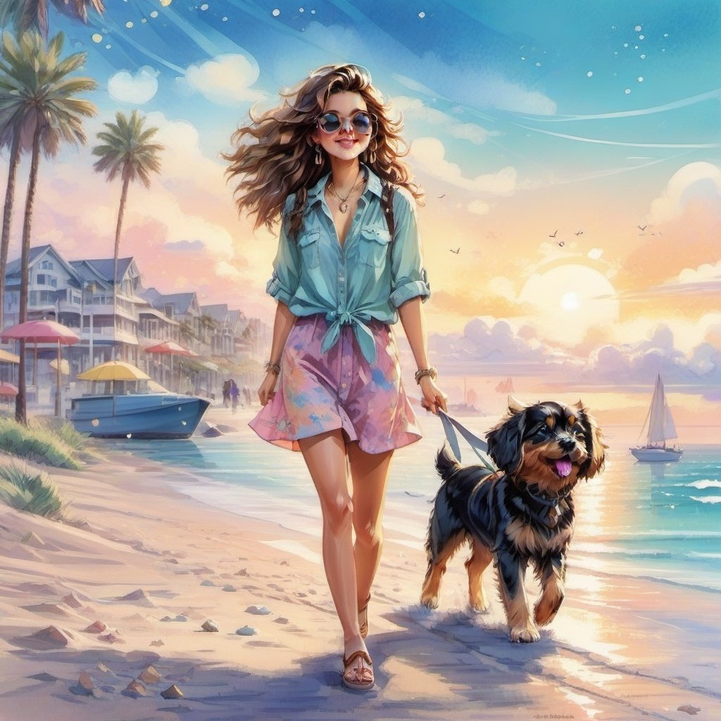 a stylish long haired girl walking in the beach shore street with a cute puppy. Modifiers: Coby Whitmore crayon ART style, hippi fashion illustration, pastell crayon illustration, magazine illustration


