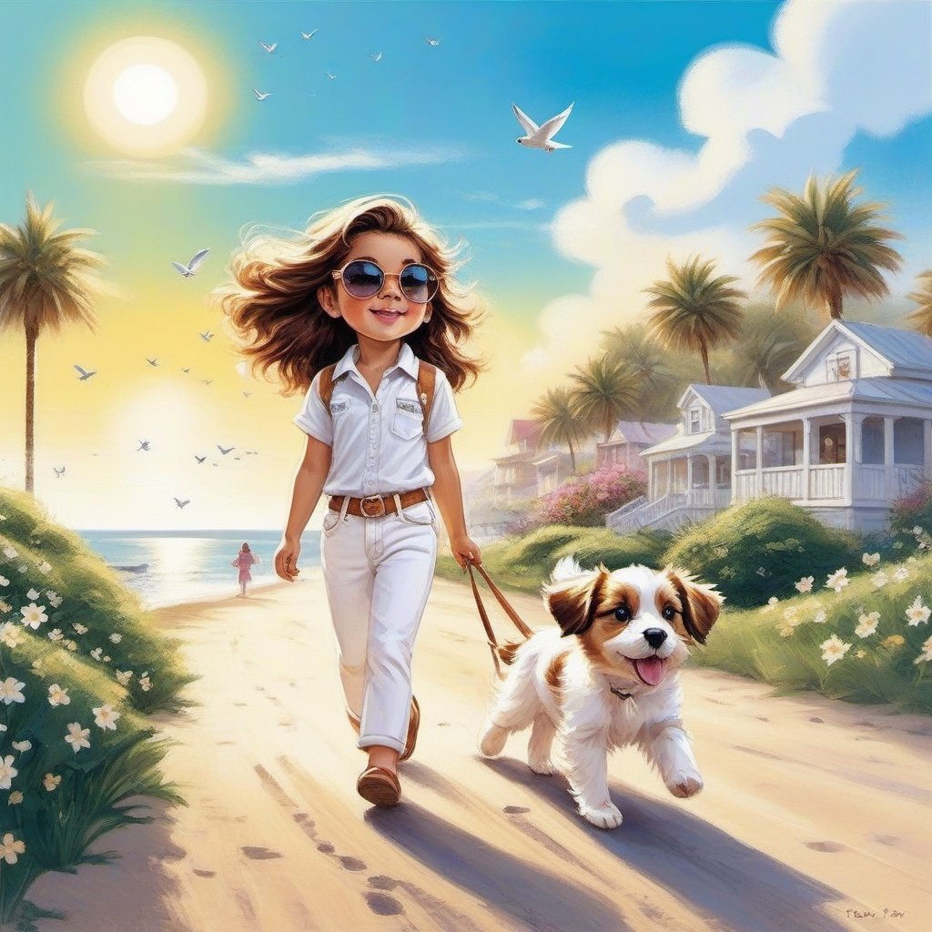 long haired LITTLE girl in casual white jeans and loose fitting white polo walking in the spring time beach street with a cute puppy, little birds on the morning sky. Modifiers: Bob peak, Coby Whitmore ART style, fashion magazine illustration