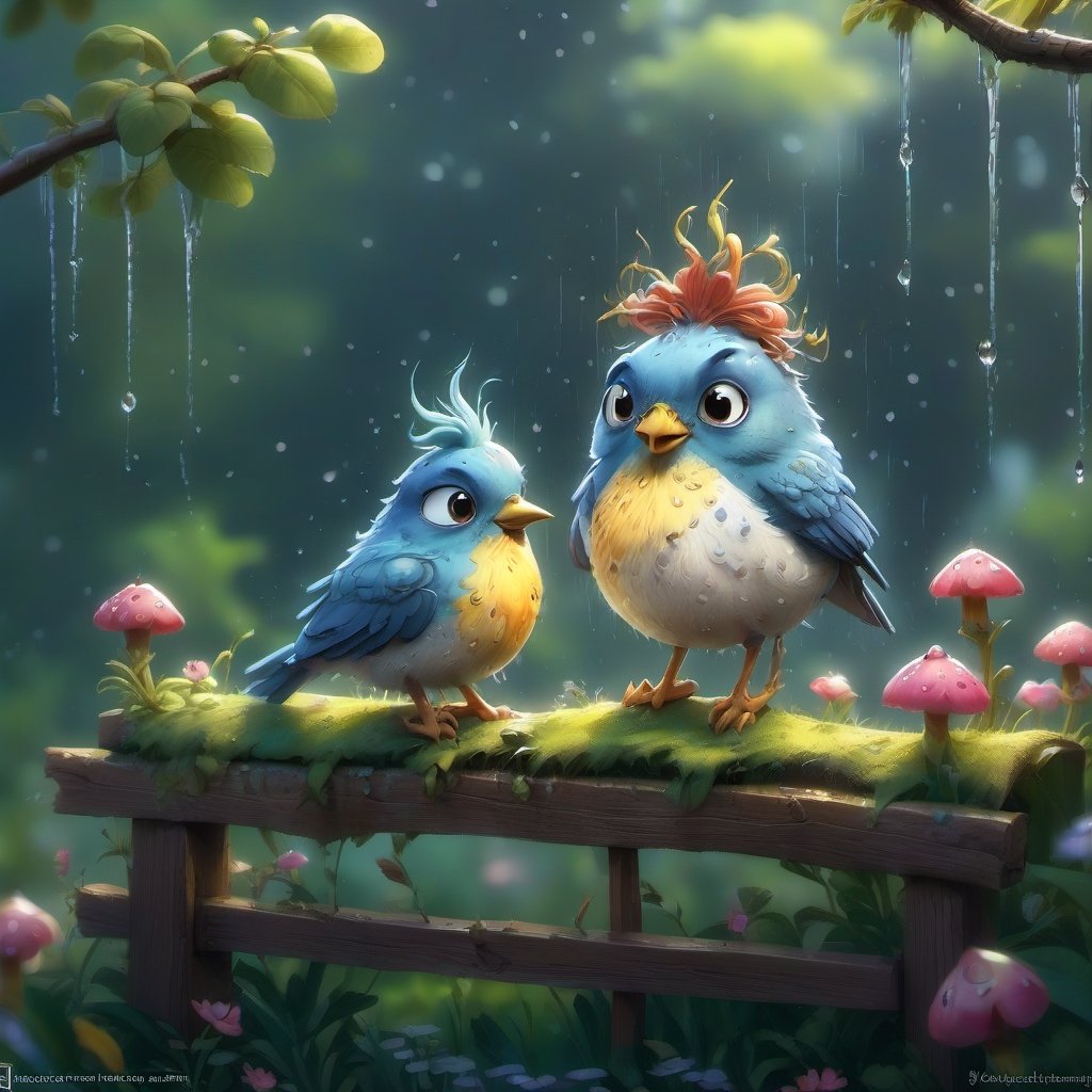 we see the DETAILED enchanted little garden, DETAILED ENCHANTED garden life, fluffy tiny FUNNY BIRD standing on the fence of the garden,  waterdrops dripping around. Modifiers: Unreal Engine, magical, Pino Daeni, midjourney, Astounding, outstanding, otherwordliness, cute illustration, cuteaesthetic, Boris Vallejo style, highly intricate, whimsical, 4K 3D, stunning color depth, cute illustration, Jean-Baptiste Monge CUTE paint style
