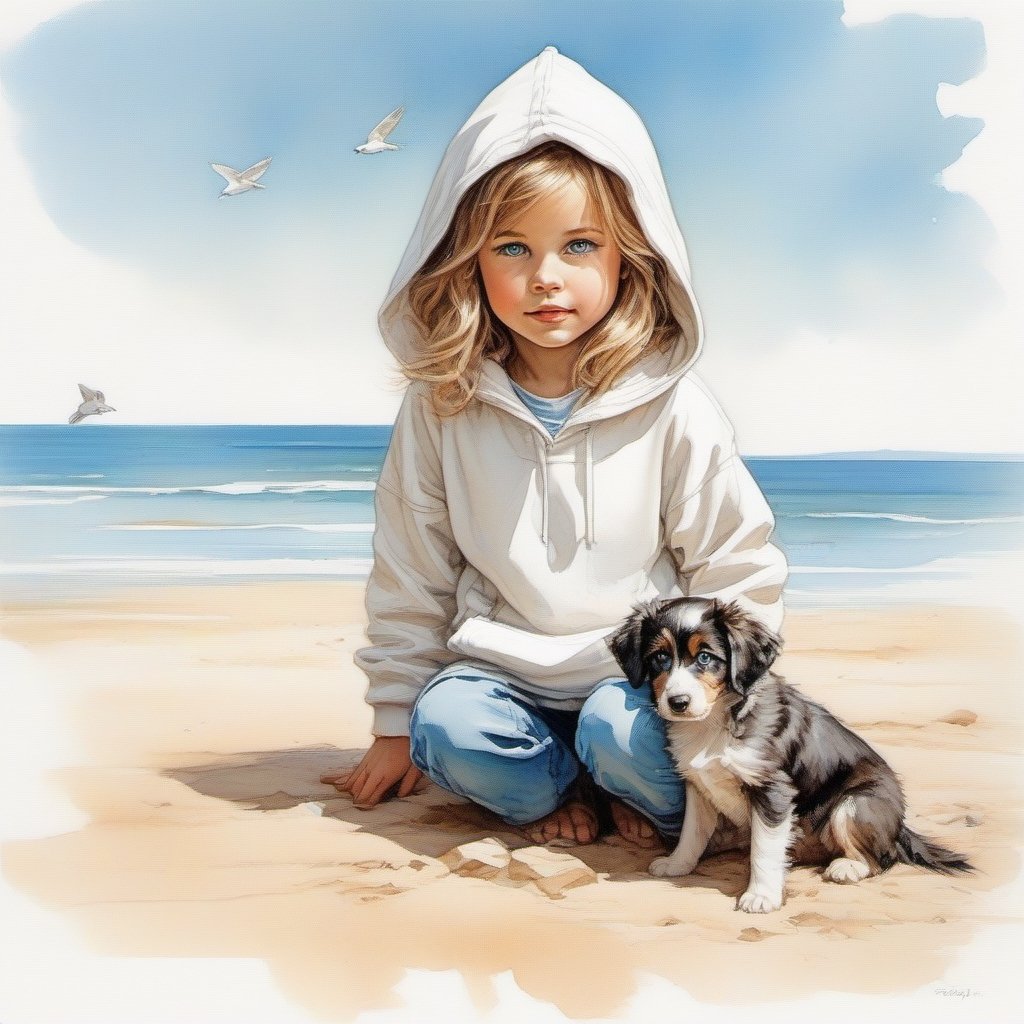 long haired CUTE 9 year old BLUE EYED girl (wearing a white, baggy hooded sweatshirt and baggy trouser) walking in the spring time beach with a cute puppy, little birds on the sky. Modifiers: Bob peak ART STYLE, Coby Whitmore ART style, George Booth ART STYLE, fashion magazine illustration