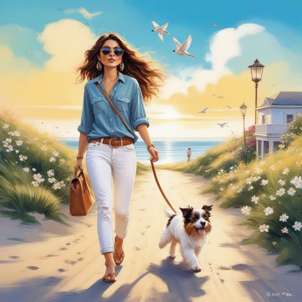 long haired YOUNG WOMAN in BOHO STYLE white jeans and BOHO STYLE Loose fitting white polo walking in the spring time beach street with a cute puppy, little birds on the morning sky. Modifiers: Bob peak ART STYLE, Coby Whitmore ART style, fashion magazine illustration
