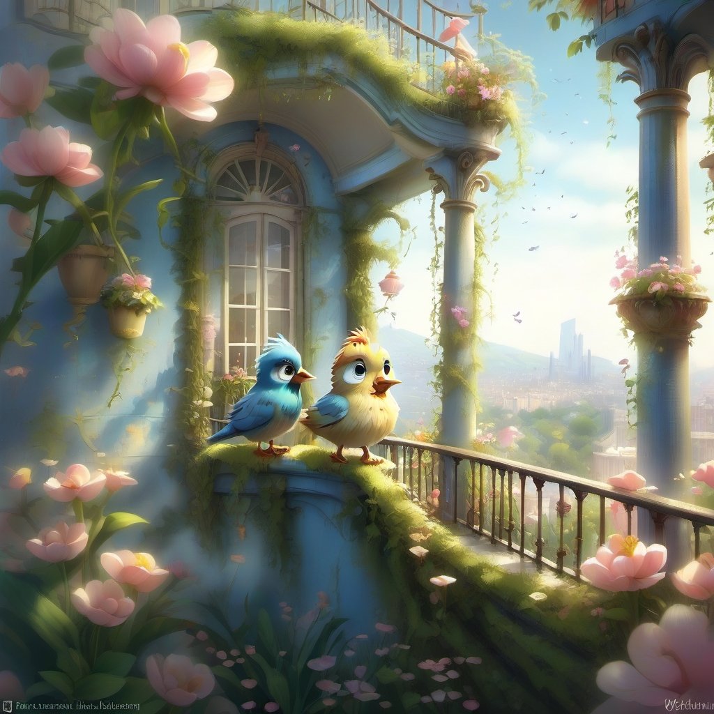 we see the DETAILED enchanted little lovely garden, DETAILED ENCHANTED fluffy tiny FUNNY BIRD standing the balcony on the wall next to a flower, airborne dust particles around. Modifiers: Unreal Engine, magical, Pino Daeni, midjourney, Astounding, outstanding, otherwordliness, cute illustration, cuteaesthetic, Boris Vallejo style, highly intricate, whimsical, 4K 3D, stunning color depth, cute illustration, DANA REGAN CUTE paint style