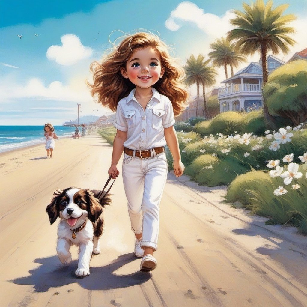 long haired LITTLE girl in white jeans and loose white polo walking in the spring time beach street with a cute puppy. Modifiers: Bob peak, Coby Whitmore ART style, fashion magazine illustration