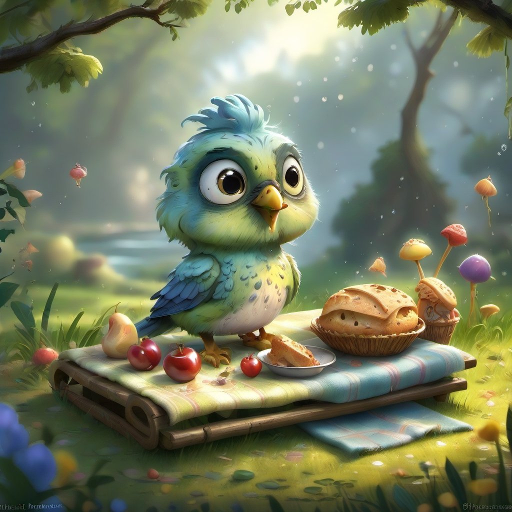 we see the DETAILED enchanted little garden, DETAILED ENCHANTED garden life, fluffy tiny FUNNY BIRD standing on the picnic blanket,  bread crumbs on the blanket, waterdrops dripping around. Modifiers: Unreal Engine, magical, Pino Daeni, midjourney, Astounding, outstanding, otherwordliness, cute illustration, cuteaesthetic, Boris Vallejo style, highly intricate, whimsical, 4K 3D, stunning color depth, cute illustration, Jean-Baptiste Monge paint style