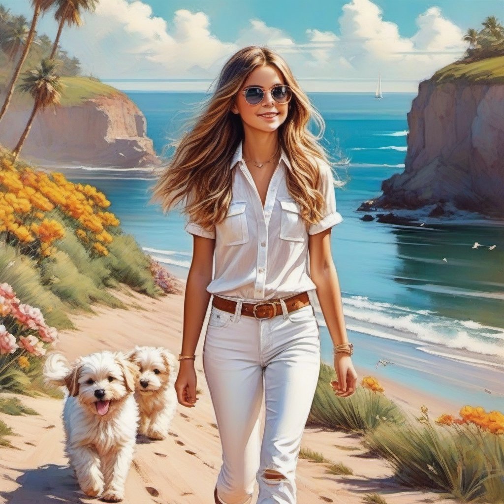 long haired CUTE LITTLE girl in BOHO STYLE white jeans and loose fitting white polo walking in the spring time beach with a cute puppy, little birds on the sky. Modifiers: Bob peak ART STYLE, Coby Whitmore ART style, fashion magazine illustration