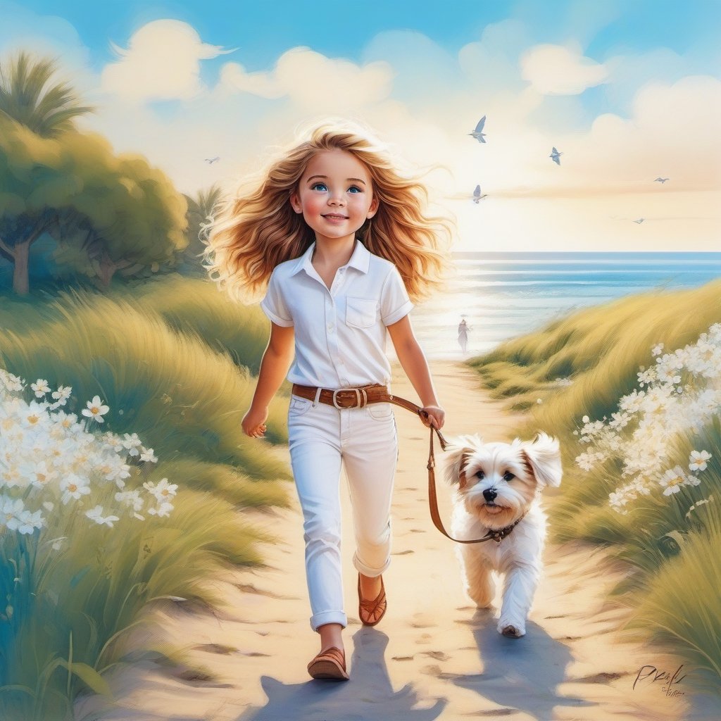 long haired CUTE 10 year old (BLUE EYED girl in BOHO STYLE white jeans and loose fitting white polo) walking in the spring time beach with a cute puppy, little birds on the sky. Modifiers: Bob peak ART STYLE, Coby Whitmore ART style, fashion magazine illustration