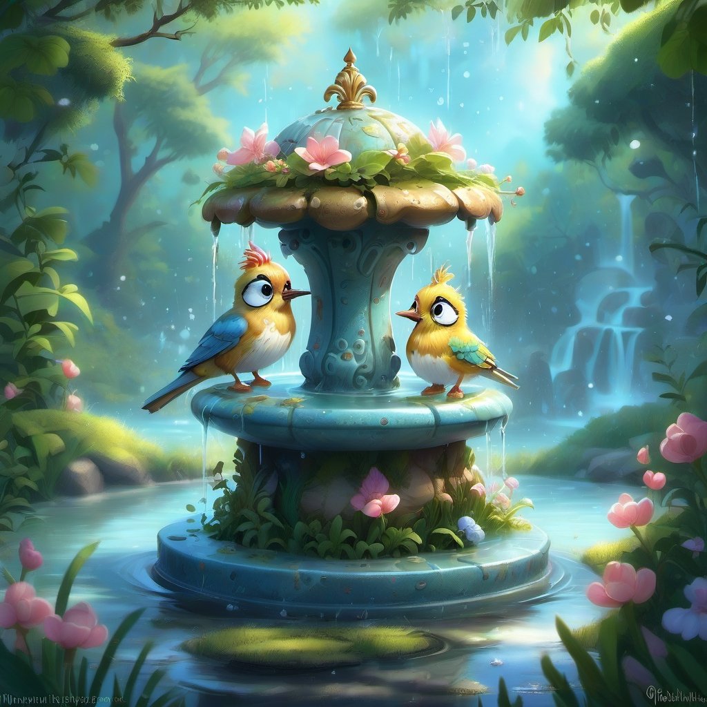 we see the DETAILED enchanted little garden, populous DETAILED ENCHANTED garden life, little lovely drinking fountain with fluffy tiny FUNNY BIRD bathe on it with floating waterdrops around. Modifiers: Unreal Engine, magical, Pino Daeni, midjourney, Astounding, outstanding, otherwordliness, cute illustration, cuteaesthetic, Boris Vallejo style, highly intricate, whimsical, 4K 3D, stunning color depth, cute illustration, WHIMSICAL, Brian Mashburn paint style