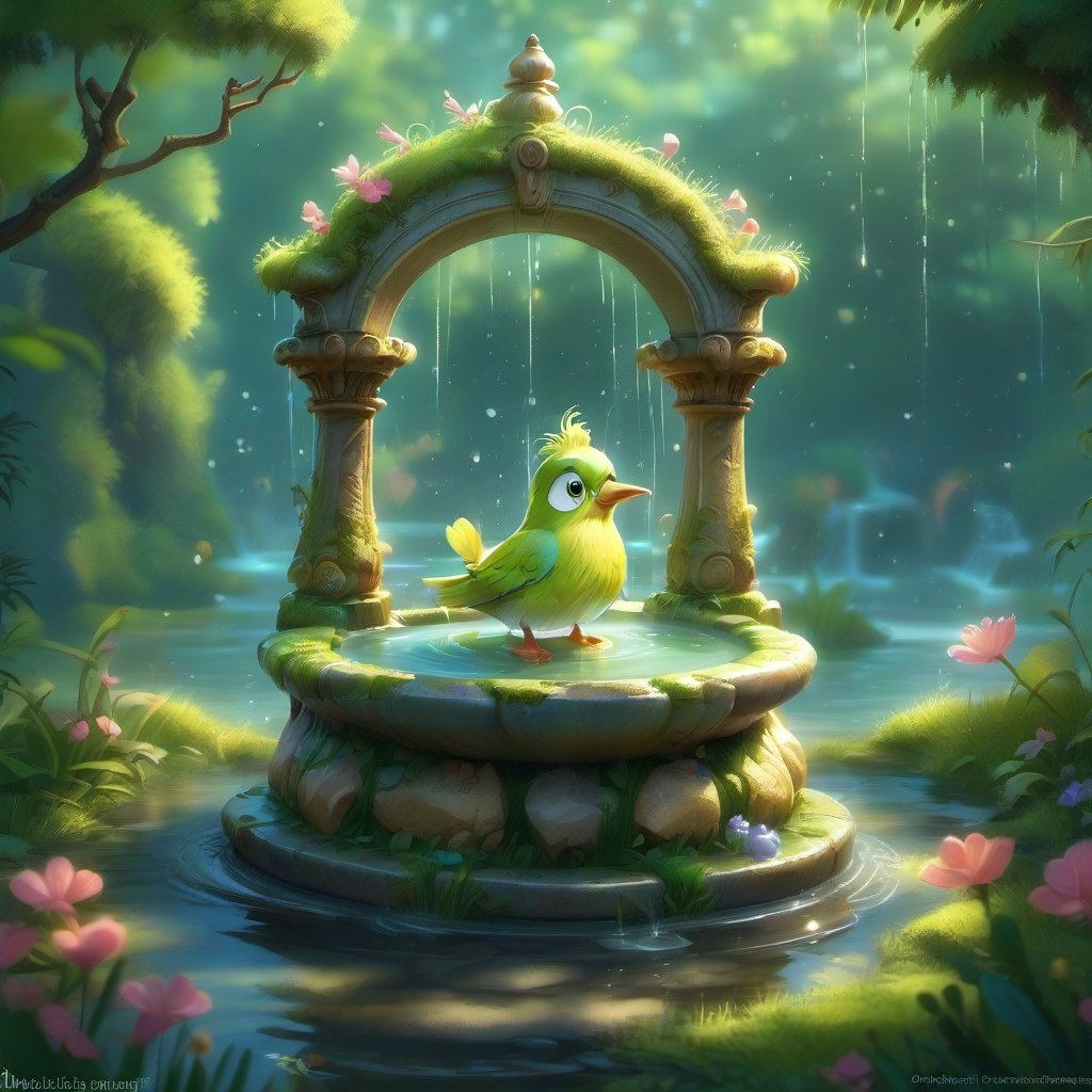 we see the DETAILED enchanted little garden, populous DETAILED ENCHANTED garden life, little mossy drinking fountain with fluffy tiny BIRDS bathe on it with floating waterdrops around. Modifiers: Unreal Engine, magical, Pino Daeni, midjourney, Astounding, outstanding, otherwordliness, cute illustration, cuteaesthetic, Boris Vallejo style, highly intricate, whimsical, 4K 3D, stunning color depth, cute illustration, WHIMSICAL