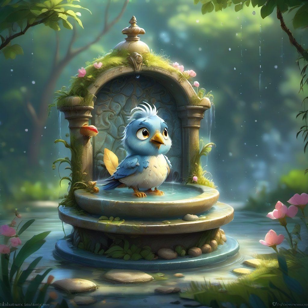 we see the DETAILED enchanted little garden, populous DETAILED ENCHANTED garden life, little lovely drinking fountain with fluffy tiny FUNNY BIRD bathe on it with floating waterdrops around. Modifiers: Unreal Engine, magical, Pino Daeni, midjourney, Astounding, outstanding, otherwordliness, cute illustration, cuteaesthetic, Boris Vallejo style, highly intricate, whimsical, 4K 3D, stunning color depth, cute illustration, WHIMSICAL, Jean-Baptiste Monge paint style