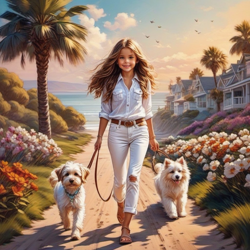 long haired CUTE LITTLE girl in BOHO STYLE white jeans and loose fitting white polo walking in the spring time beach with a cute puppy, little birds on the sky. Modifiers: Bob peak ART STYLE, Coby Whitmore ART style, fashion magazine illustration