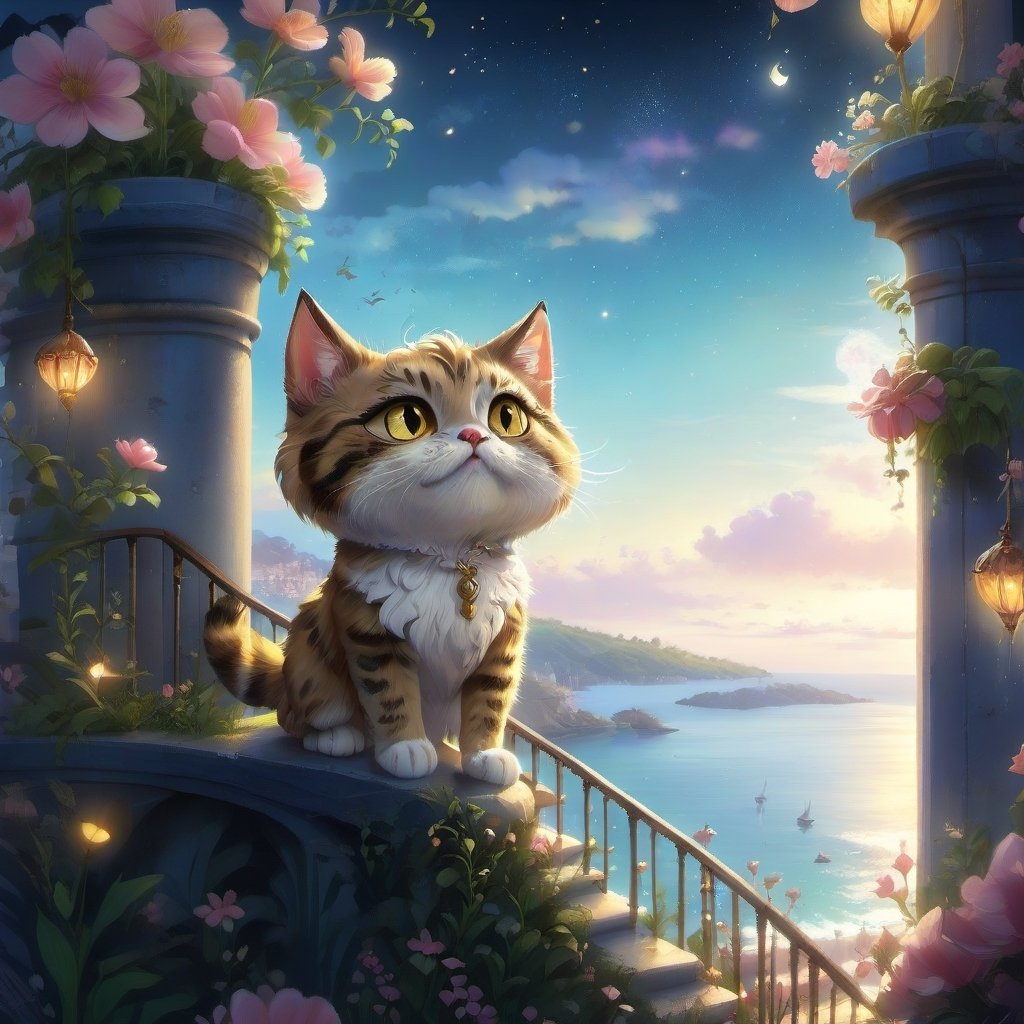 we see the DETAILED enchanted lovely balcony on the wall with great view to the sea night time, DETAILED ENCHANTED fluffy tiny FUNNY CAT standing on the balcony next to an enchanted flower, airborne dust particles around. Modifiers: Unreal Engine, magical, Pino Daeni, midjourney, Astounding, outstanding, otherwordliness, cute illustration, cuteaesthetic, Boris Valejo style, highly intricate, whimsical, 4K 3D, stunning color depth, cute illustration, Nazar Noschenko CUTE paint style