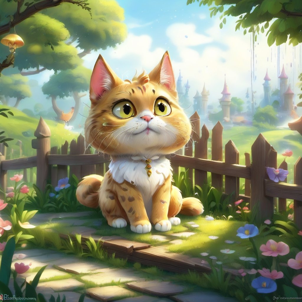 we see the DETAILED enchanted little garden, DETAILED ENCHANTED garden life, there is a wooden fence with a mail box and the fluffy tiny FUNNY CAT sitting on the wooden fence of the ENCHANTED garden, dew waterdrops dripping around. Modifiers: Unreal Engine, magical, Pino Daeni, midjourney, Astounding, outstanding, otherwordliness, cute illustration, cuteaesthetic, Coby Whitmore style, highly intricate, whimsical, 4K 3D, stunning color depth, cute illustration, Coby Whitmore ART style