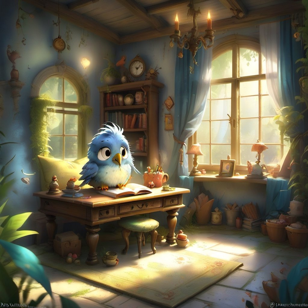 we see the DETAILED enchanted little lovely living room, DETAILED ENCHANTED little desk with a reading lamp, fluffy tiny FUNNY BIRD standing on the desk by the window, airborne dust particles around. Modifiers: Unreal Engine, magical, Pino Daeni, midjourney, Astounding, outstanding, otherwordliness, cute illustration, cuteaesthetic, Boris Vallejo style, highly intricate, whimsical, 4K 3D, stunning color depth, cute illustration, Jean-Baptiste Monge CUTE paint style