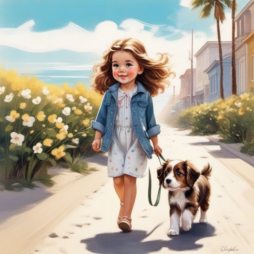 long haired LITTLE girl walking in the spring time beach street with a cute puppy. Modifiers: Coby Whitmore ART style, fashion magazine illustration. 