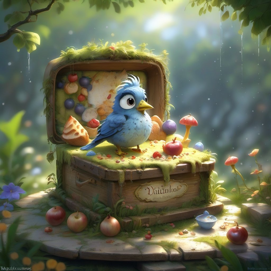 we see the DETAILED enchanted little garden, DETAILED ENCHANTED garden life, fluffy tiny FUNNY BIRD standing on the opened picnic box, bread crumbs and breakfast on the blanket, waterdrops dripping around. Modifiers: Unreal Engine, magical, Pino Daeni, midjourney, Astounding, outstanding, otherwordliness, cute illustration, cuteaesthetic, Boris Vallejo style, highly intricate, whimsical, 4K 3D, stunning color depth, cute illustration, Jean-Baptiste Monge CUTE paint style