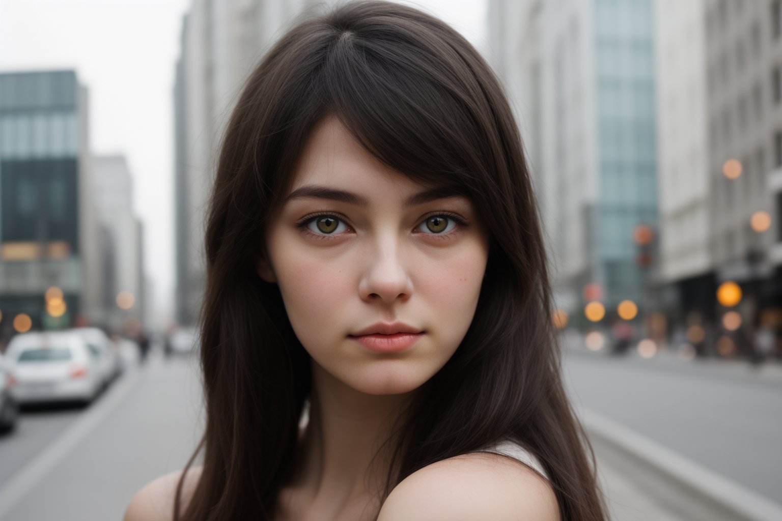 woman, yellow eyes, black long hair, pale skin, city, small nose, soft face
