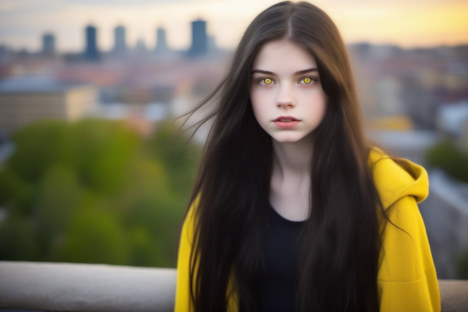 teenager girl,18 years, yellow eyes, black long hair, pale skin, city,more detail XL