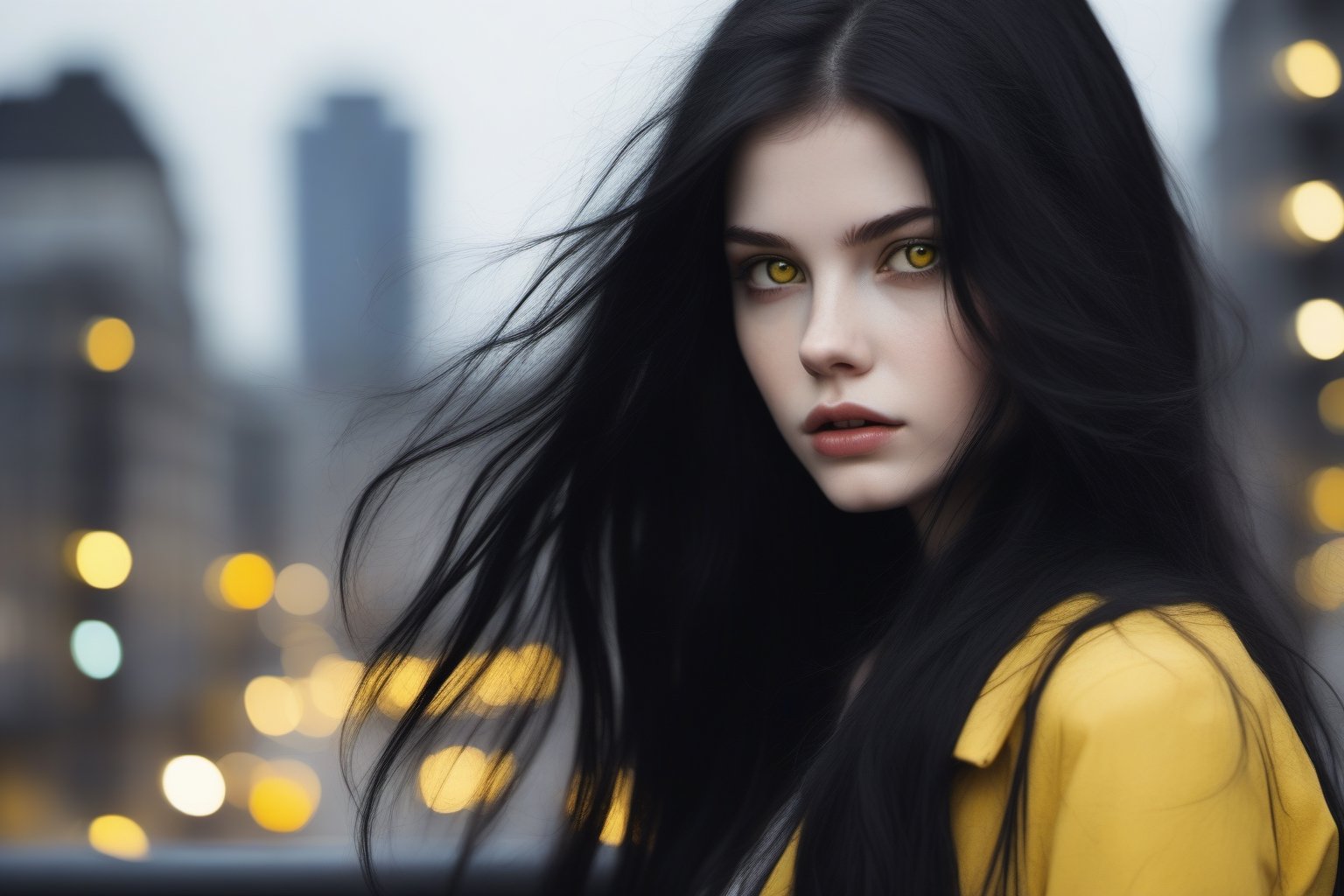 woman,18_years, yellow_eyes, black_long_hair, pale_skin, city,more detail XL