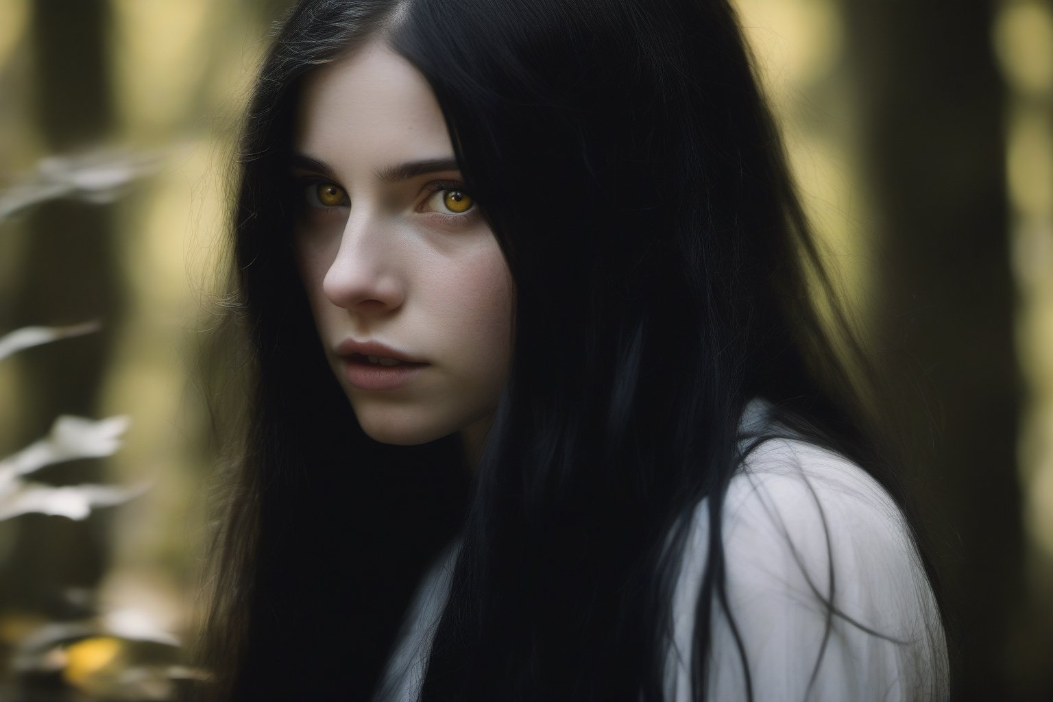 woman, younger, yellow eyes, black long hair, pale skin, forest, small nose