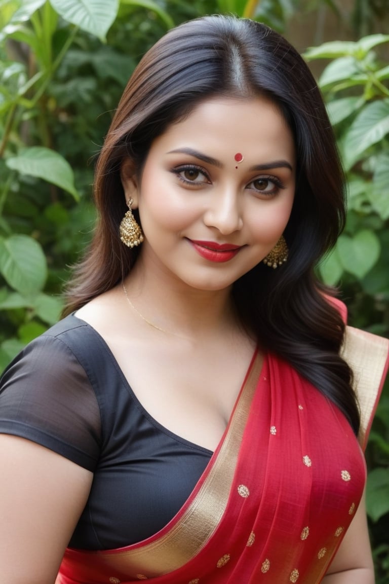 beautiful indian chubby 35 year old woman with pale skin tone, a bit healthy, smiling looking into the camera, very realistic, round face, beautiful hair, looking hot sexy in red saree, standing in a garden, cleavage show in black blouse, 

