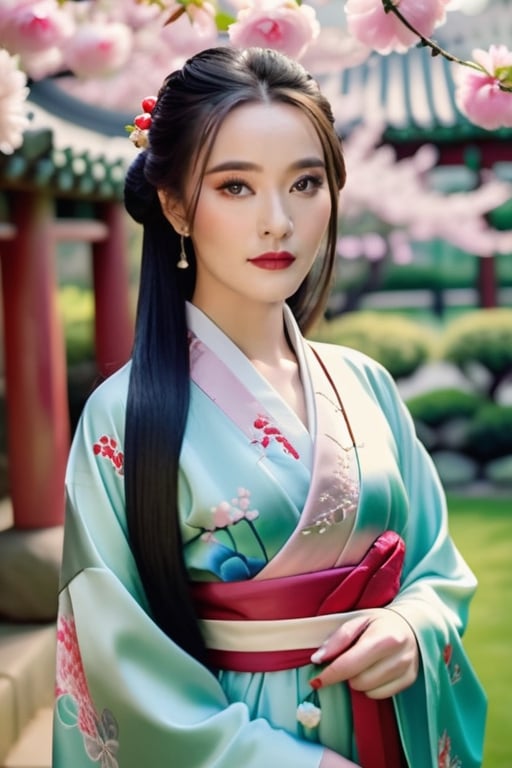 A stunningly beautiful young woman with delicate Asian features, long glossy black hair, almond-shaped eyes, porcelain skin, full lips and wearing a elegant silk dress or hanfu in rich colors, standing in a lush garden setting with cherry blossoms or peonies,LinkGirl
