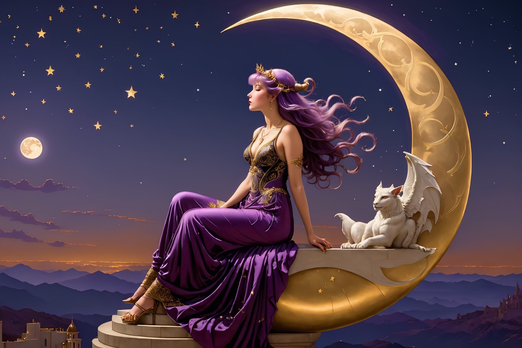 side view. full body shot, extreme long shot,  michael parkes style, pre-raphaelite, a beautiful young magical witch woman with long purple hair is sitting on a shiny golden crescent moon in the night sky. she is wearing an elaborate purple silk gown with intricate gold embroidery patterns. a gargoyle is sitting on the top of the moon looking down. stars are in the sky. glowing spheres orbs with etched intricate patterns are floating in the sky,  michael parkes, artist study hands. ,1girl,Masterpiece