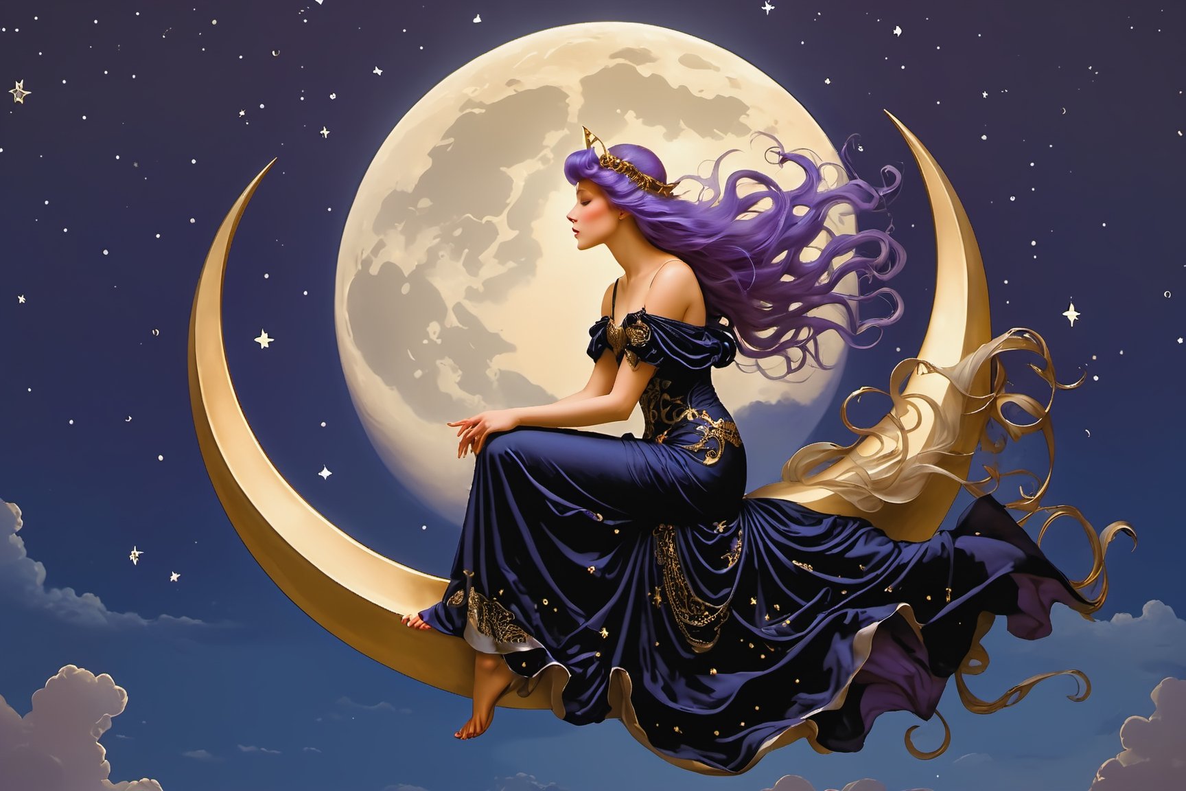 side view. full body shot, extreme long shot,  michael parkes style, pre-raphaelite, a beautiful young magical witch woman with long purple hair is sitting on a shiny golden crescent moon in the night sky. she is wearing an elaborate gold silk gown with intricate black embroidered patterns. a gargoyle is flying near the woman. stars are in the sky.  michael parkes, artist study hands. ,1girl,Masterpiece,SD 1.5,realistic