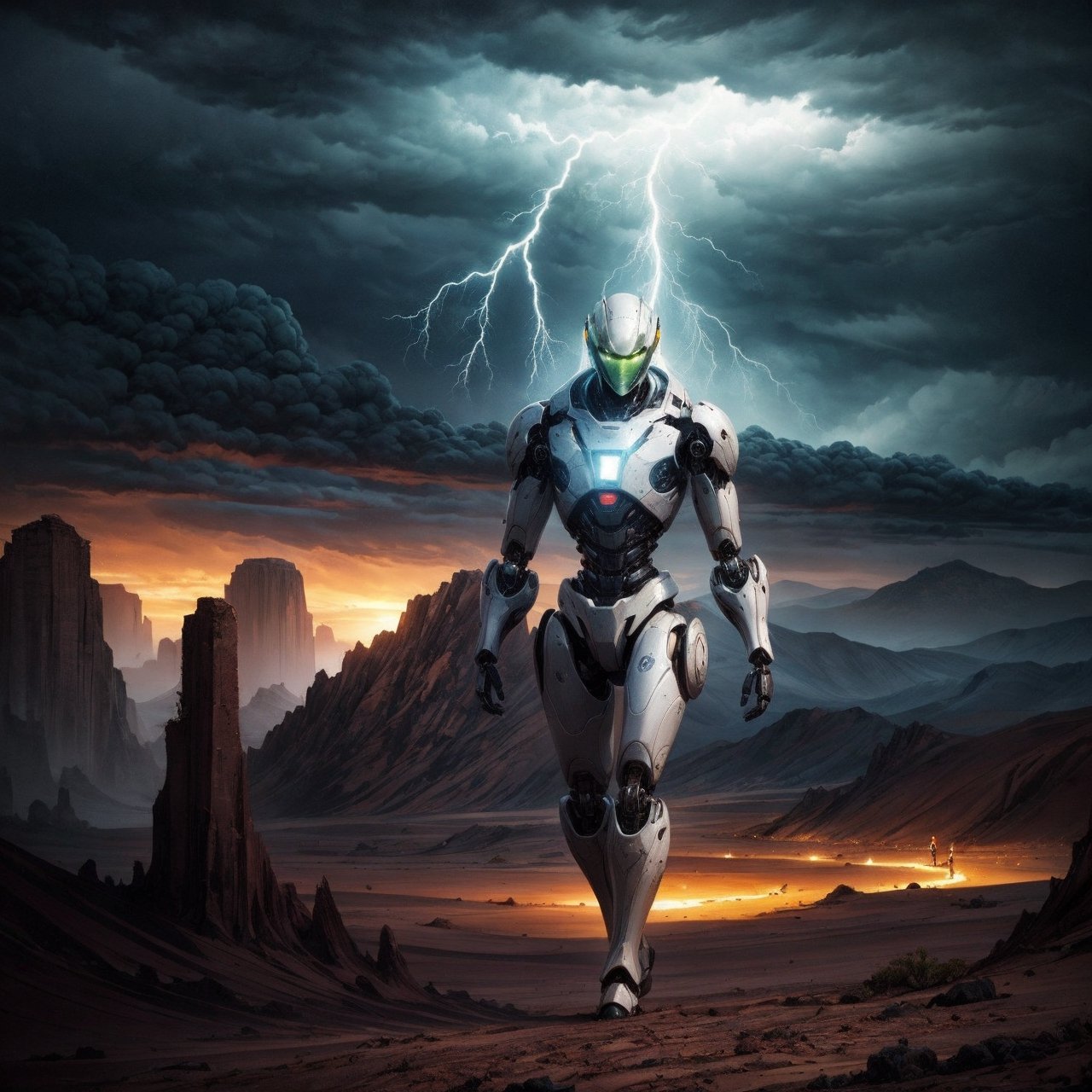 a giant, 20 ft tall android humanoid shaped robot is walking across the desert menacing. the android is metallic and machine like, rusty parts, shiny metal. a beautiful female human explorer is walking side by side with the robot. a detailed background of a vast alien desert landscape, sandstone ruins, sandstone hills, red sand, a stormy sky, dark menacing storm clouds, lightening illuminating the black clouds. windy, deserted, , SD 1.5, perfect hands,