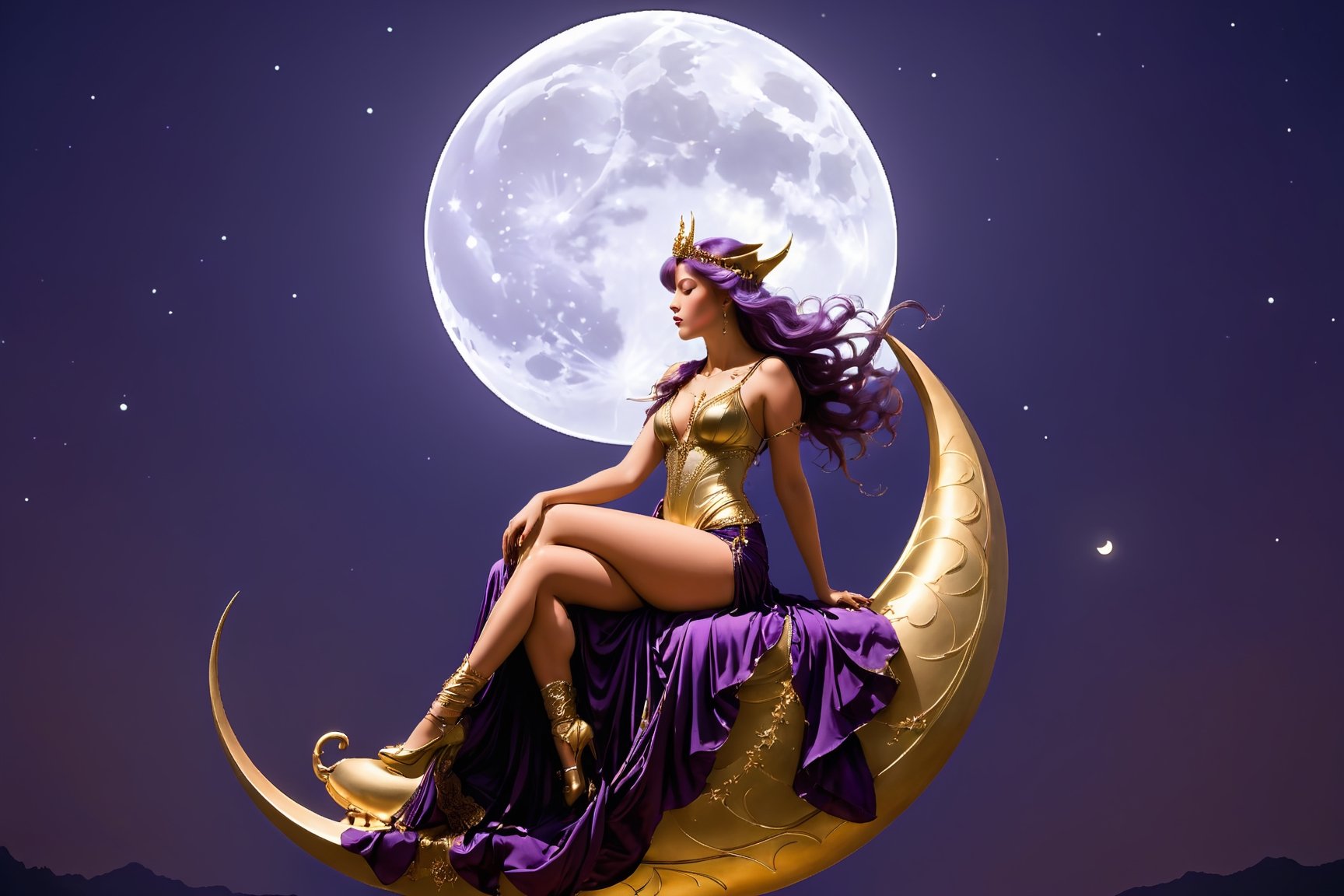 side view. full body shot, extreme long shot,  michael parkes style, pre-raphaelite, a beautiful young magical witch woman with long purple hair is sitting on a shiny golden crescent moon in the night sky. she is wearing an elaborate purple silk gown with intricate gold embroidery patterns. a gargoyle is sitting on the top of the moon gaurding the moon and woman. stars are in the sky. glowing obs of various sizes are floating in the sky,  michael parkes, artist study hands. ,1girl,Masterpiece