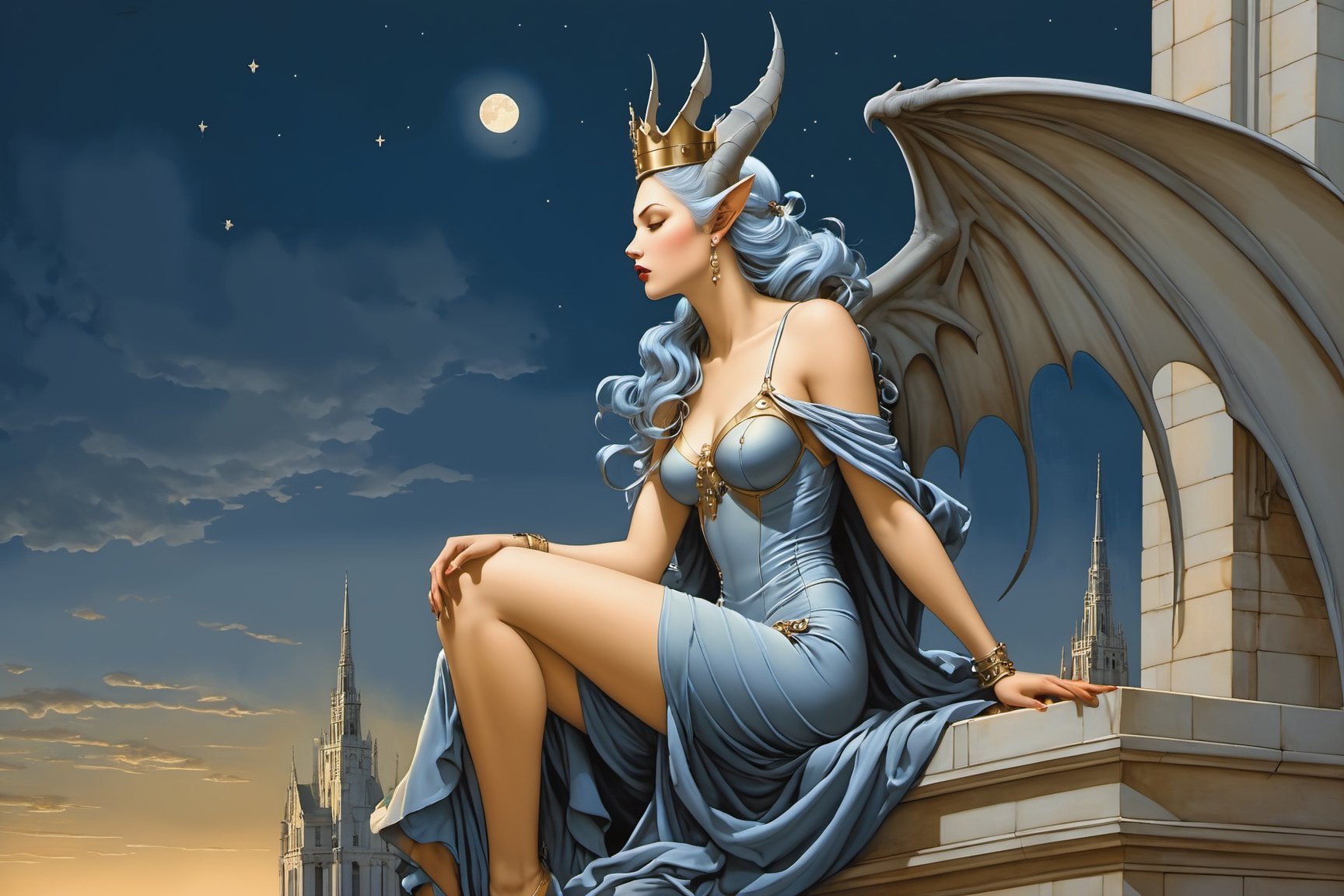 side view. extreme long shot,  michael parkes style, a beautiful young queen of gargoyles with gargoyle wings, long grey-blue hair and a crown is sitting next to gargoyles on the top of a very tall building. her eyes are open and she has a serene expression. its night time with a full moon. a gargoyle is getting ready to land on the building. stars are in the sky.  michael parkes, artist study hands. ,1girl,Masterpiece,SD 1.5,realistic