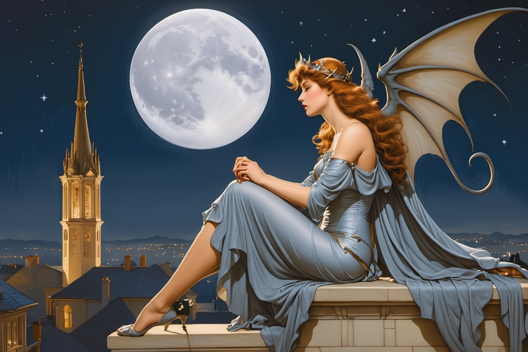 side view. full body shot, extreme long shot,  michael parkes style, pre-raphaelite, a beautiful young queen of gargoyles is sitting next to a gargoyle on the edge of a very tall building. its night time with a full moon. a gargoyle is flying near the woman. stars are in the sky.  michael parkes, artist study hands. ,1girl,Masterpiece,SD 1.5,realistic