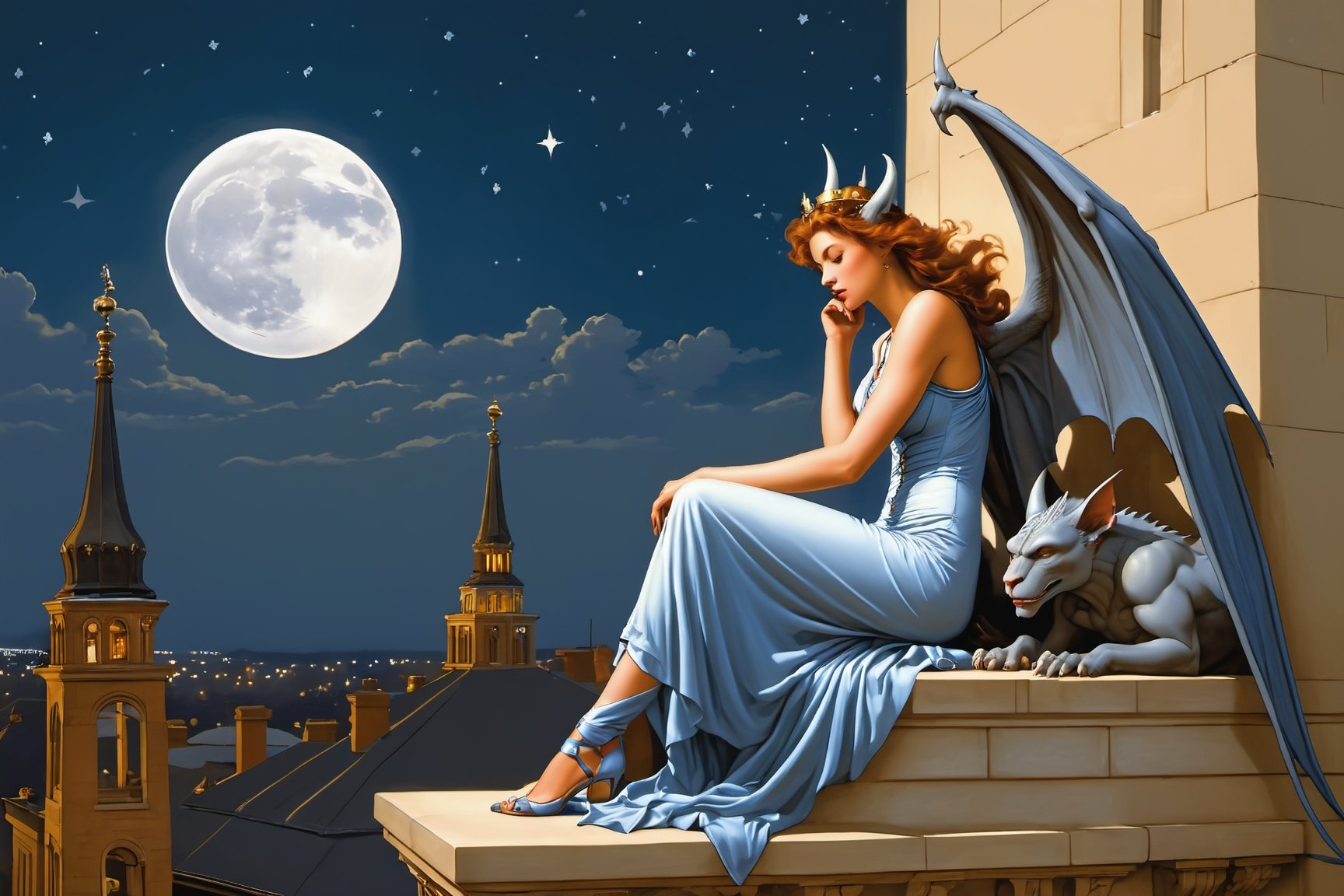 side view. full body shot, extreme long shot,  michael parkes style, pre-raphaelite, a beautiful young queen of gargoyles is sitting next to a couple of gargoyles on the top of a very tall building. its night time with a full moon. a gargoyle is flying near the woman. stars are in the sky.  michael parkes, artist study hands. ,1girl,Masterpiece,SD 1.5,realistic