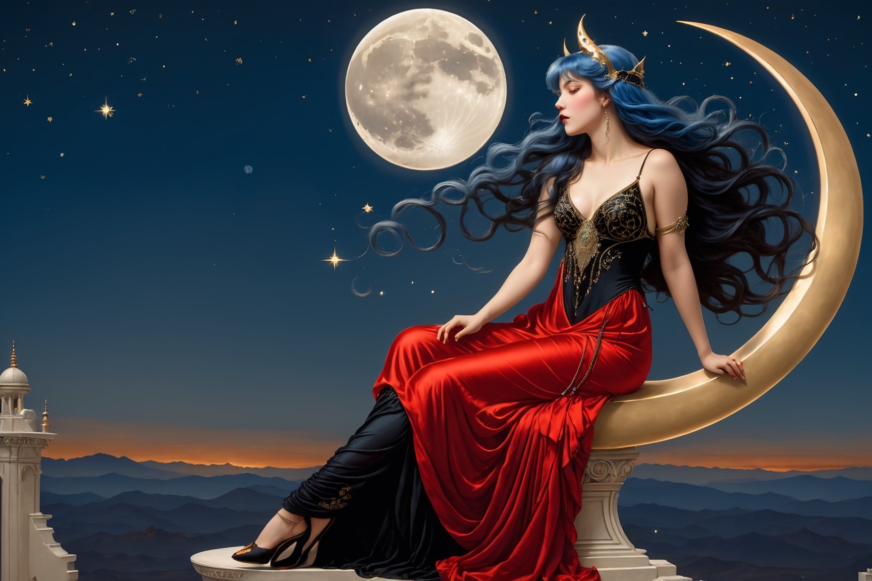 side view. full body shot, extreme long shot,  michael parkes style, pre-raphaelite, a beautiful young magical witch woman with long blue hair is sitting on a shiny golden crescent moon in the night sky. she is wearing an elaborate red silk gown with intricate black embroidery. a gargoyle is perched on the top of the moon. stars are in the sky. there are spheres and glowing orbs with etched intricate patterns floating in the sky,  michael parkes, artist study hands. ,1girl,Masterpiece