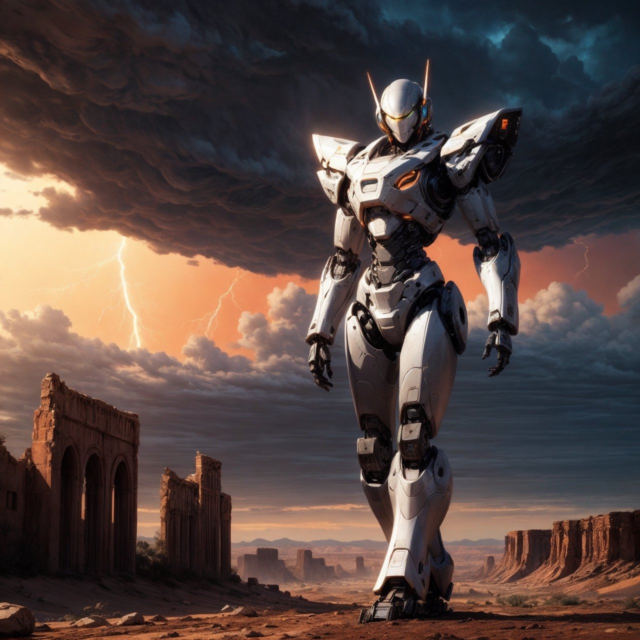 a giant, 20 ft tall android humanoid shaped robot is walking across the desert menacing. the android is metallic and machine like, rusty parts, shiny metal. a beautiful female explorer is sitting on the robots shoulder showing the way forward. a detailed background of a vast alien desert landscape, sandstone ruins, sandstone hills, red sand, a stormy sky, dark menacing storm clouds, lightening illuminating the black clouds. windy, deserted, , SD 1.5, perfect hands,