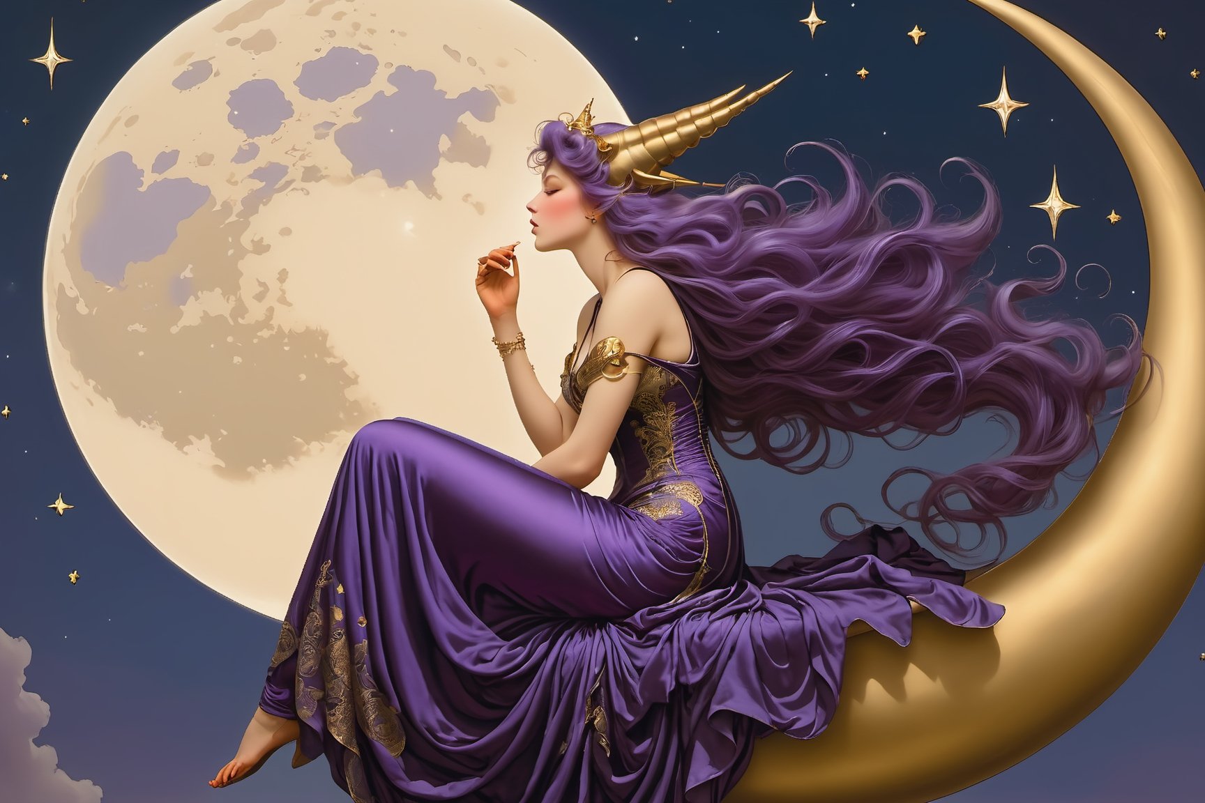 side view. full body shot, extreme long shot,  michael parkes style, pre-raphaelite, a beautiful young magical witch woman with long purple hair is sitting on a shiny golden crescent moon in the night sky. she is wearing an elaborate purple silk gown with intricate gold embroidery patterns. a gargoyle is flying near the moon and woman. stars are in the sky. glowing obs of various sizes are floating in the sky,  michael parkes, artist study hands. ,1girl,Masterpiece,SD 1.5,realistic